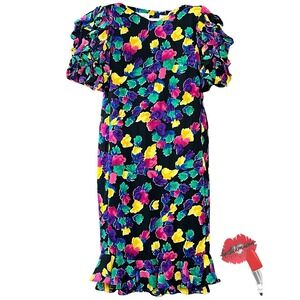 Vintage Liz Roberts Dress Size 10 Black Floral Ruffle Hem Cocktail Party 80s 90s